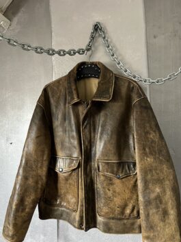 Vintage oversized real leather flying jacket washed brown