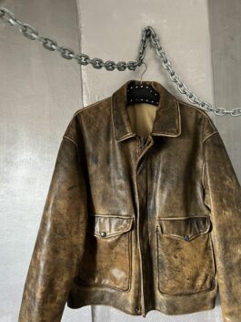 Vintage oversized real leather flying jacket washed brown