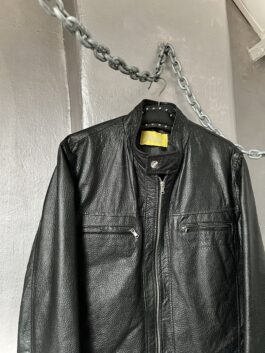 Vintage oversized real leather racing jacket with double zip black