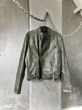 Vintage oversized real leather biker jacket washed grey