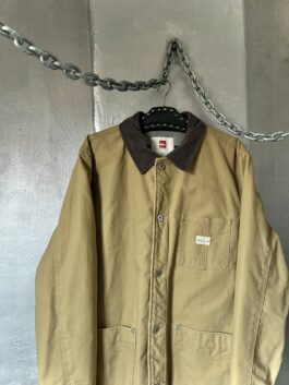 Vintage oversized padded workwear jacket with ribbed collar brown