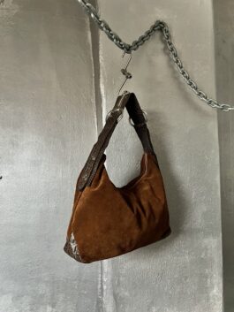 Vintage real leather suede shoulderbag with silver hardware brown