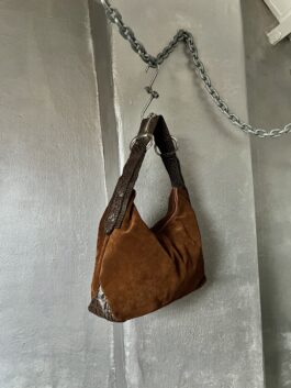 Vintage real leather suede shoulderbag with silver hardware brown