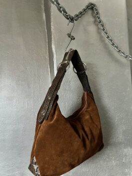 Vintage real leather suede shoulderbag with silver hardware brown