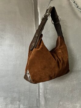 Vintage real leather suede shoulderbag with silver hardware brown