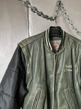 Vintage Redskins oversized real leather bomber jacket with padded sleeves green black