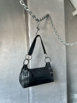 Vintage real leather handbag with silver rings black