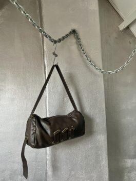 Vintage real leather shoulderbag with bronze hardware brown