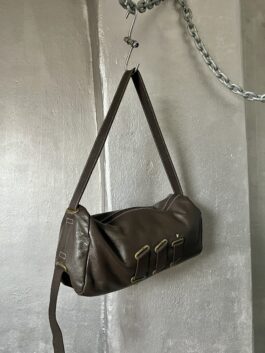 Vintage real leather shoulderbag with bronze hardware brown