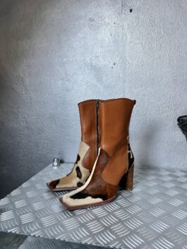 Vintage genuine leather heeled boots with cow skin brown
