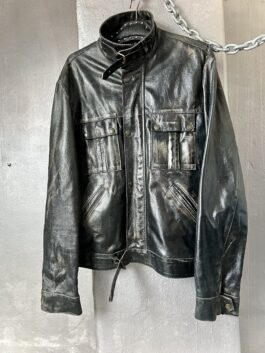 Vintage oversized real leather utility racing jacket washed black