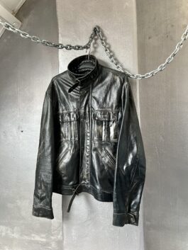 Vintage oversized real leather utility racing jacket washed black