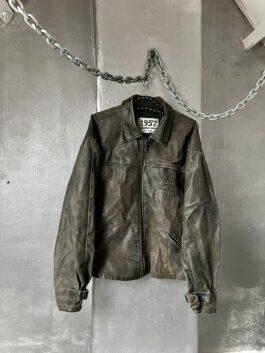 Vintage oversized real leather racing motor jacket washed grey