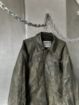 Vintage oversized real leather racing motor jacket washed grey