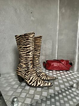 Vintage genuine leather heeled tiger print boots brown