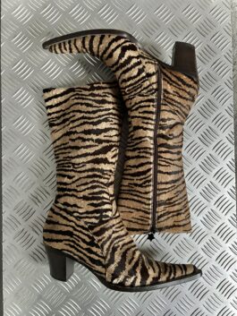 Vintage genuine leather heeled tiger print boots brown