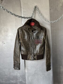 Vintage real leather washed jacket with high collar brown