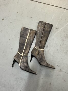 Vintage genuine leather heeled boots grey brown