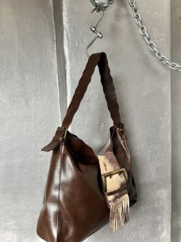 Vintage real leather shoulderbag with cow skin brown