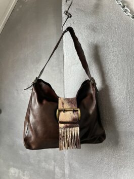 Vintage real leather shoulderbag with cow skin brown