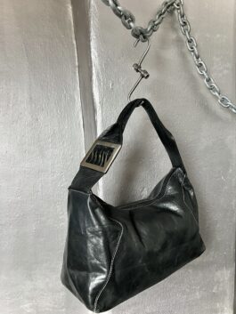 Vintage real leather handbag with silver hardware black