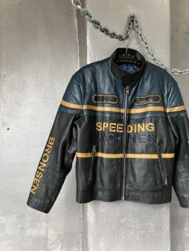 Vintage oversized real leather racing jacket black blue