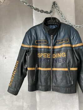Vintage oversized real leather racing jacket black blue