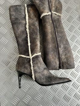 Vintage genuine leather heeled boots grey brown
