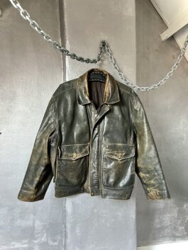 Vintage oversized real leather flying jacket washed brown green