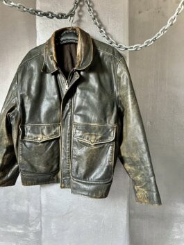 Vintage oversized real leather flying jacket washed brown green