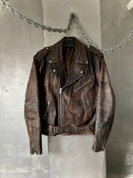 Vintage oversized real leather biker jacket washed brown