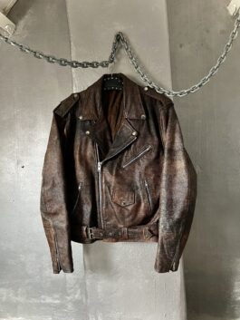 Vintage oversized real leather biker jacket washed brown