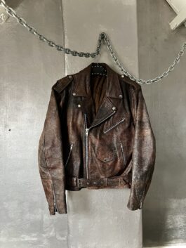 Vintage oversized real leather biker jacket washed brown