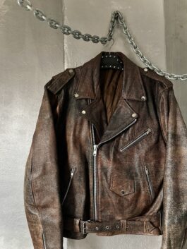 Vintage oversized real leather biker jacket washed brown