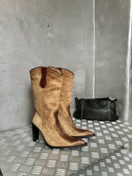 Vintage genuine leather heeled boots snakeskin brown