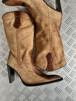 Vintage genuine leather heeled boots snakeskin brown