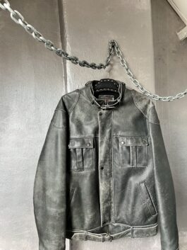 Vintage oversized real leather motorcross jacket washed grey