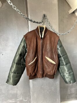 Vintage Redskins oversized real leather bomber jacket with padded sleeves brown green