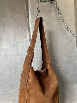 Vintage real leather suede shoulderbag with buckle strap brown