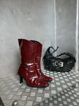 Vintage genuine leather heeled boots snakeskin wine red