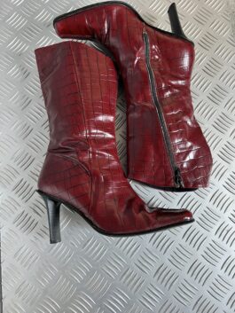 Vintage genuine leather heeled boots snakeskin wine red