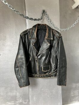 Vintage oversized real leather biker jacket washed dark brown