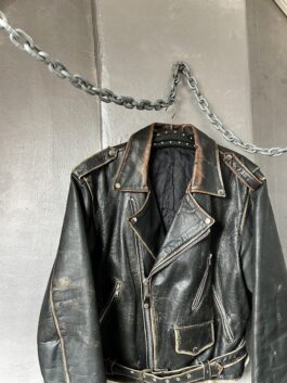 Vintage oversized real leather biker jacket washed dark brown