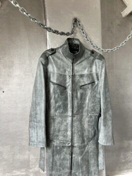 Vintage oversized real leather long biker coat washed grey