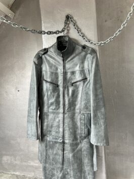 Vintage oversized real leather long biker coat washed grey