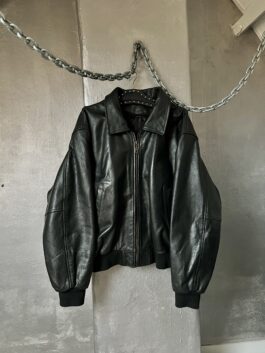 Vintage oversized real leather bomber jacket black