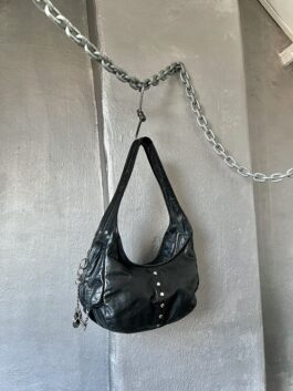 Vintage real leather handbag with silver details black