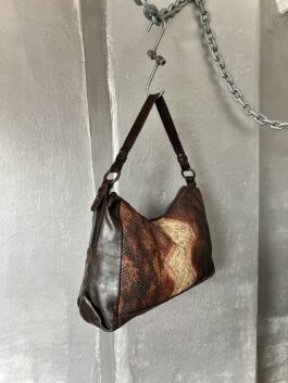 Vintage real leather handbag with snakeskin brown