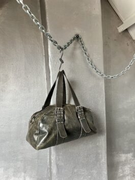 Vintage real leather large handbag with buckle straps washed grey/green