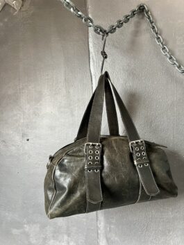 Vintage real leather large handbag with buckle straps washed grey/green